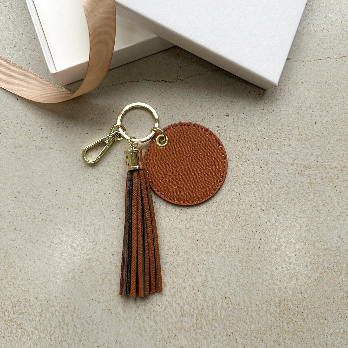 Leather Personalised Round Tassel Charm Keychain