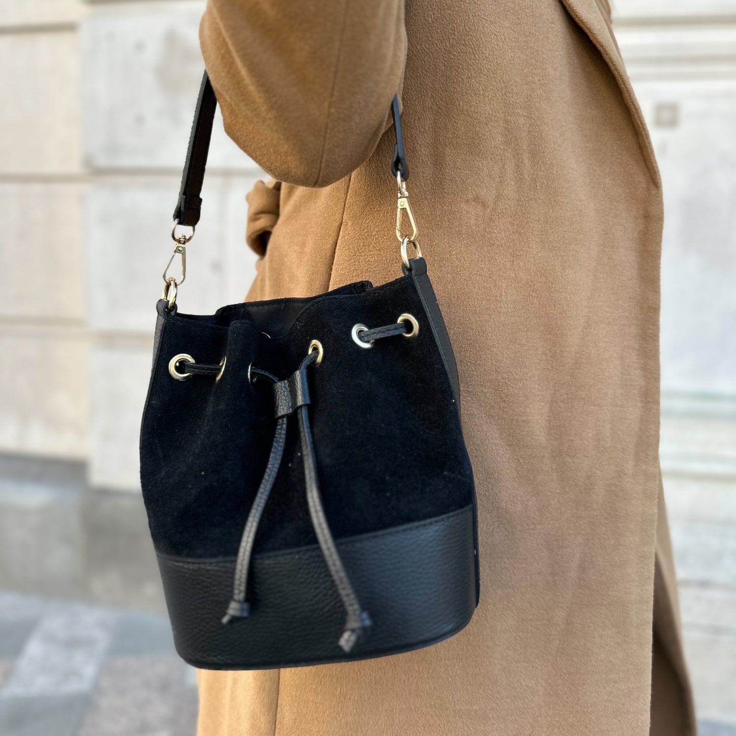 Black Amara Suede bucket bag