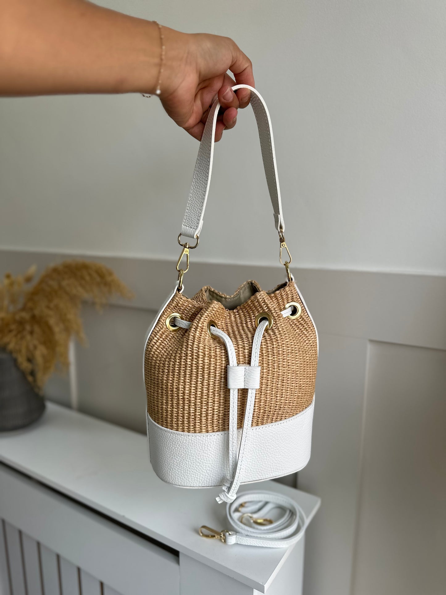 SAMPLE White Amara Personalised Leather Raffia Bucket Bag