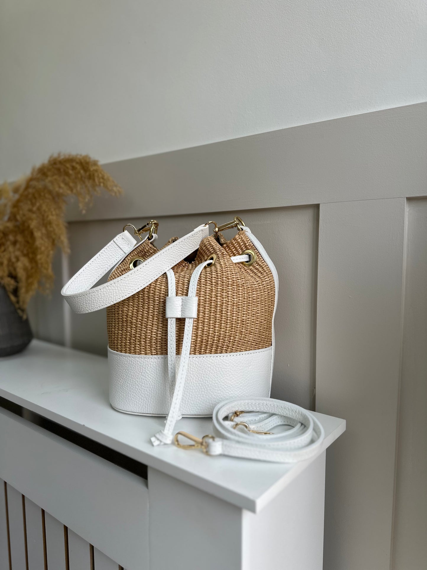 SAMPLE White Amara Personalised Leather Raffia Bucket Bag