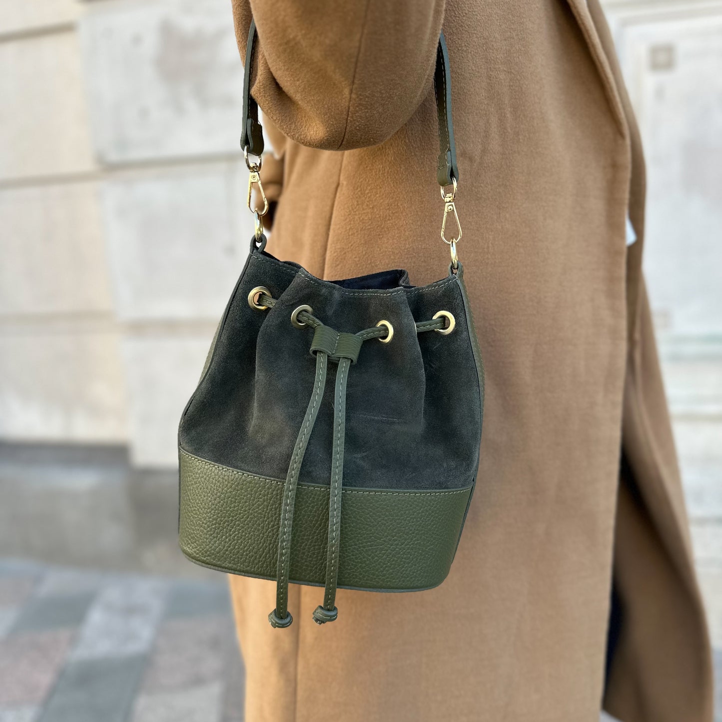 Khaki Amara Suede bucket bag
