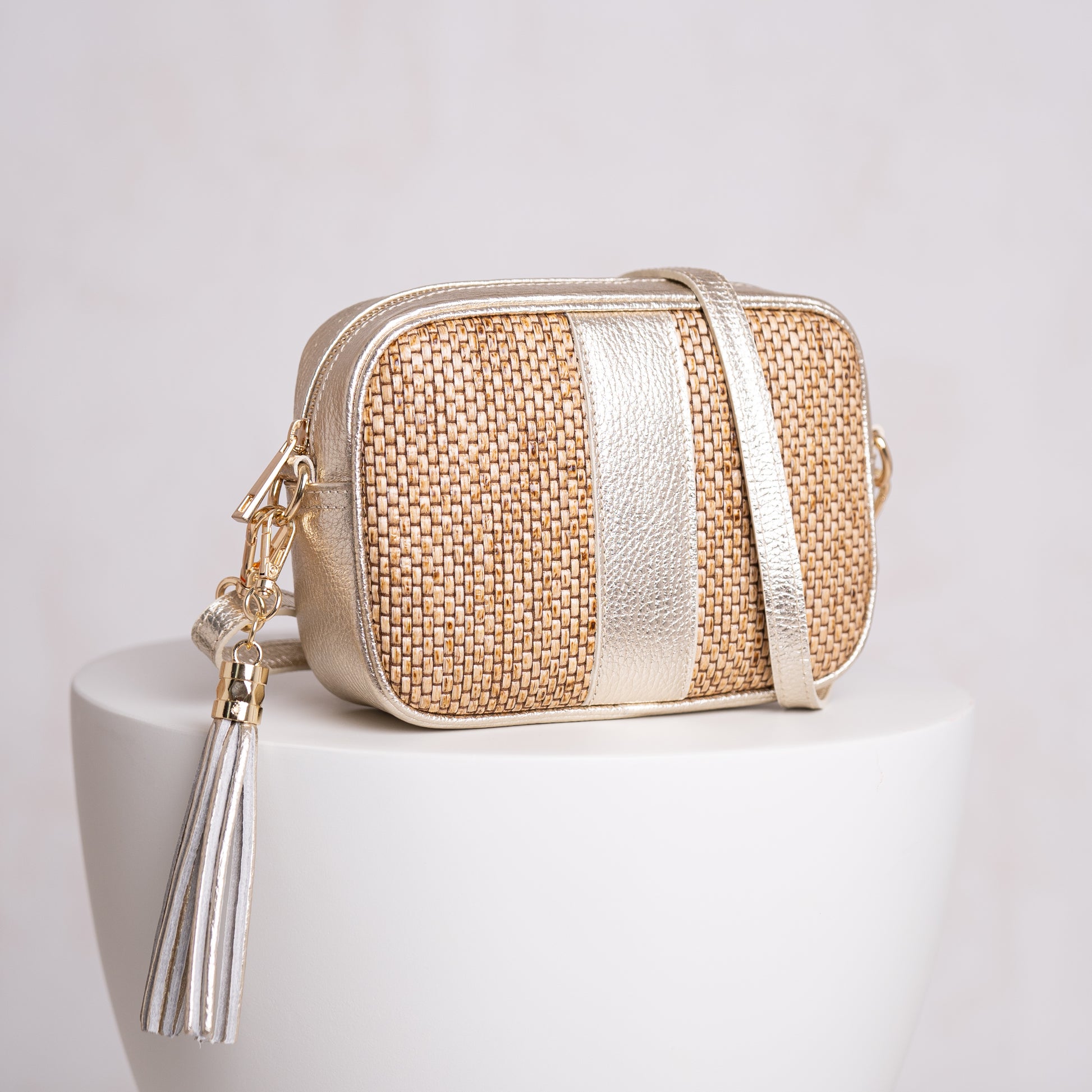 Personalised raffia anf leather crossbody