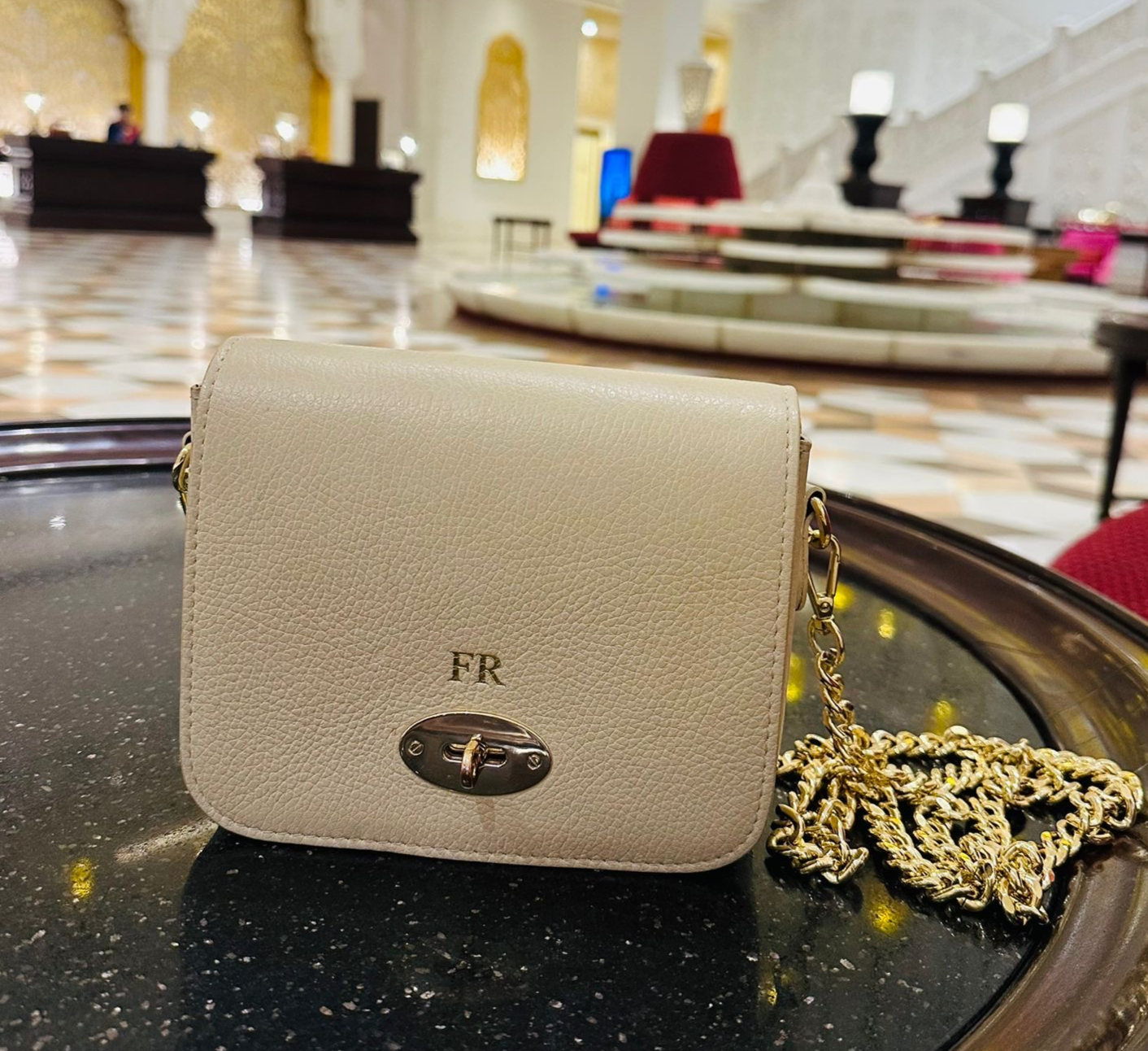 customer picture cream leather bag with chain