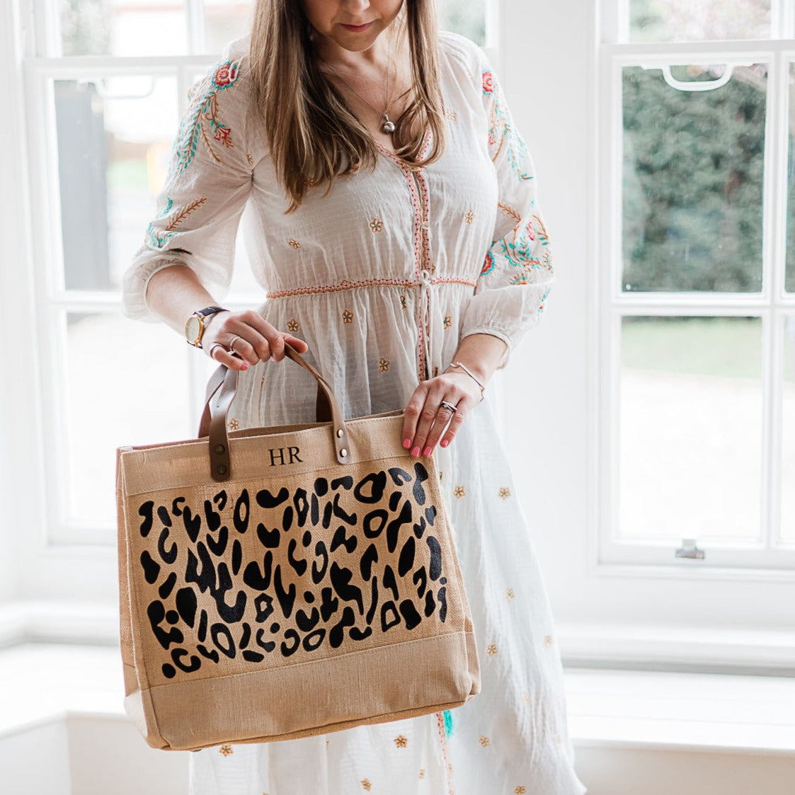 Personalised Leopard Print Large Jute Bag Leather Handle Shopper Beach