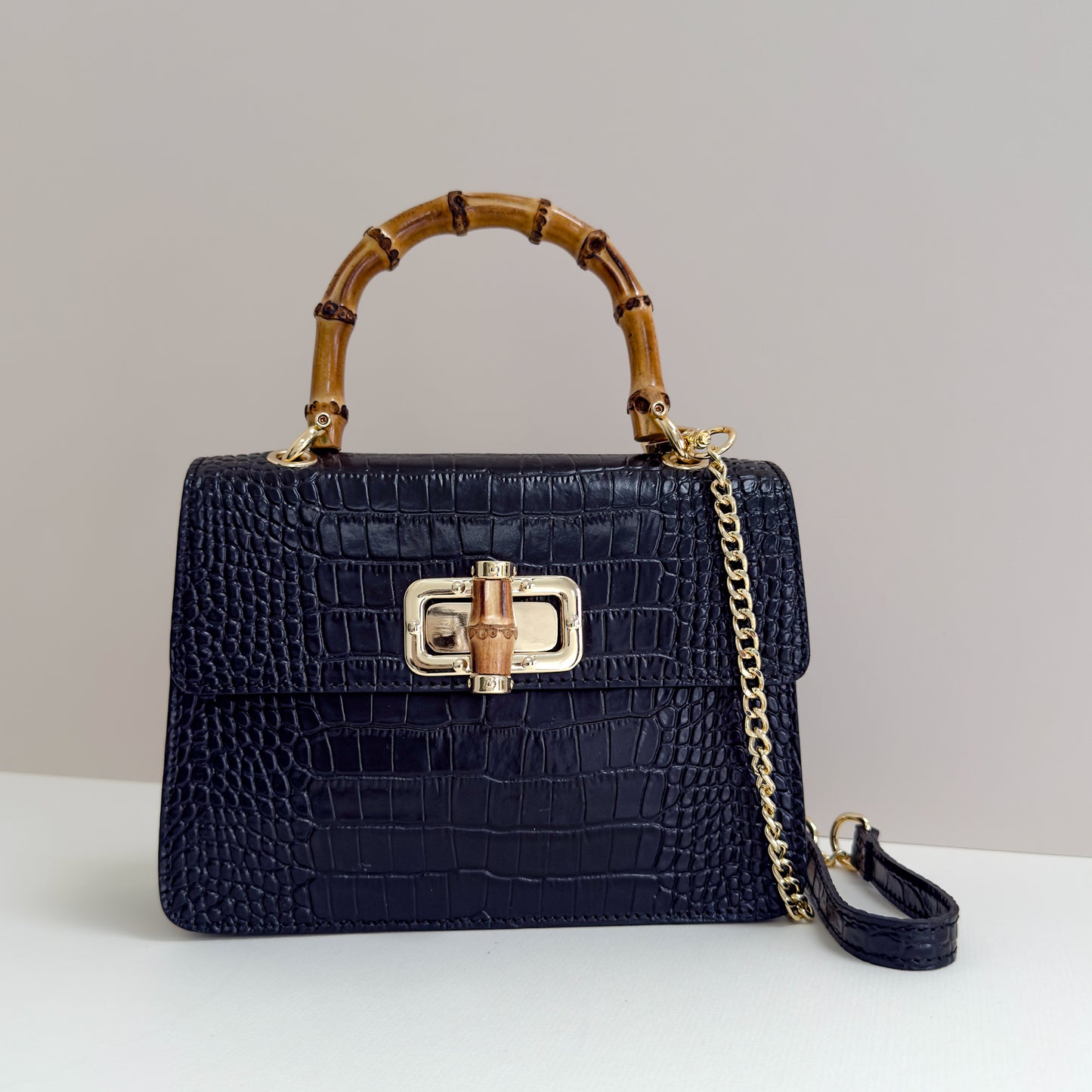 Anouska Croc Leather Bamboo Top Handle Crossbody Bag