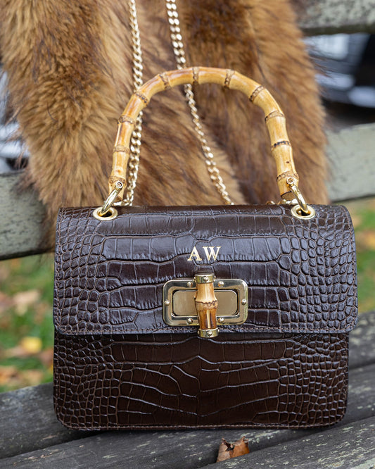 Anouska Croc Leather Bamboo Top Handle Crossbody Bag
