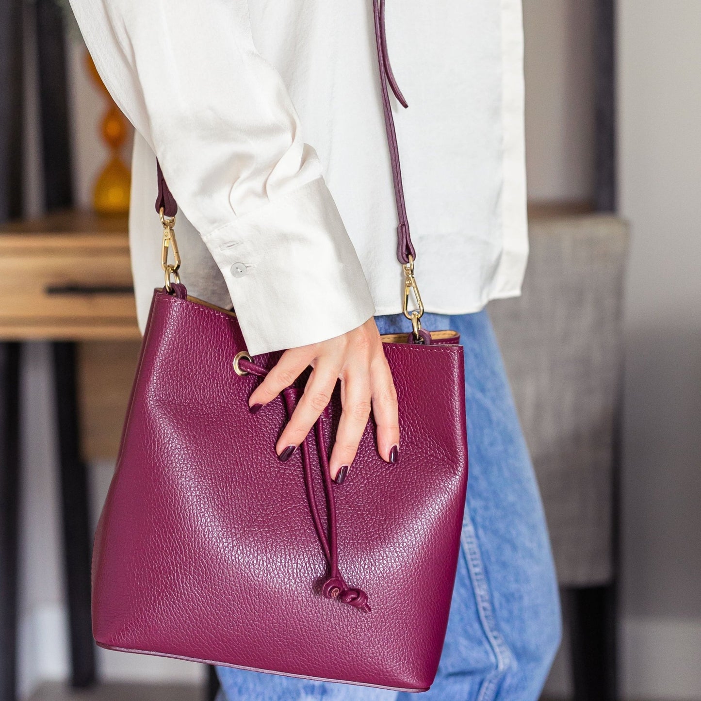 Elle Personalised Leather Bucket Bag Crossbody - OLIVIA AND GRAY LTD