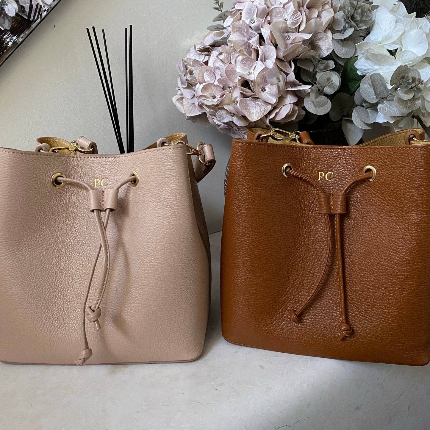 Elle Personalised Leather Bucket Bag Crossbody - OLIVIA AND GRAY LTD