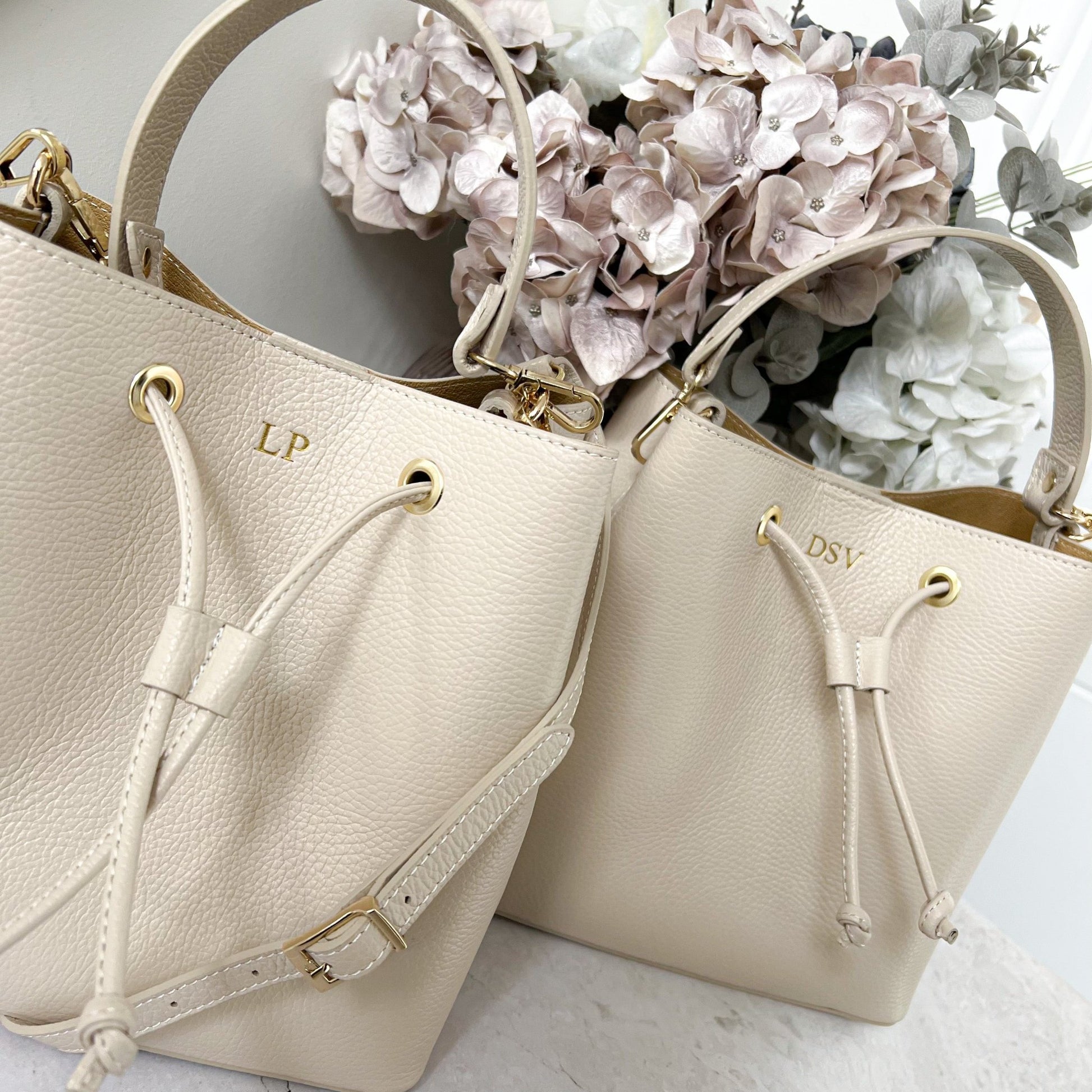 Elle Personalised Leather Bucket Bag Crossbody - OLIVIA AND GRAY LTD