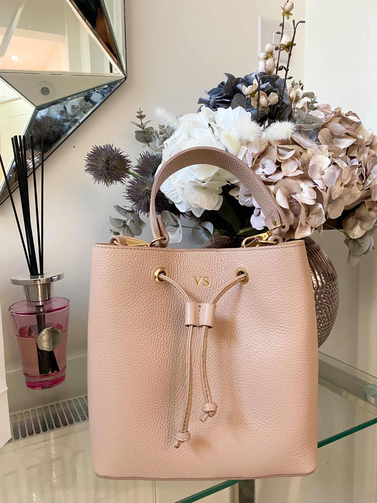 Elle Personalised Leather Bucket Bag Crossbody - OLIVIA AND GRAY LTD