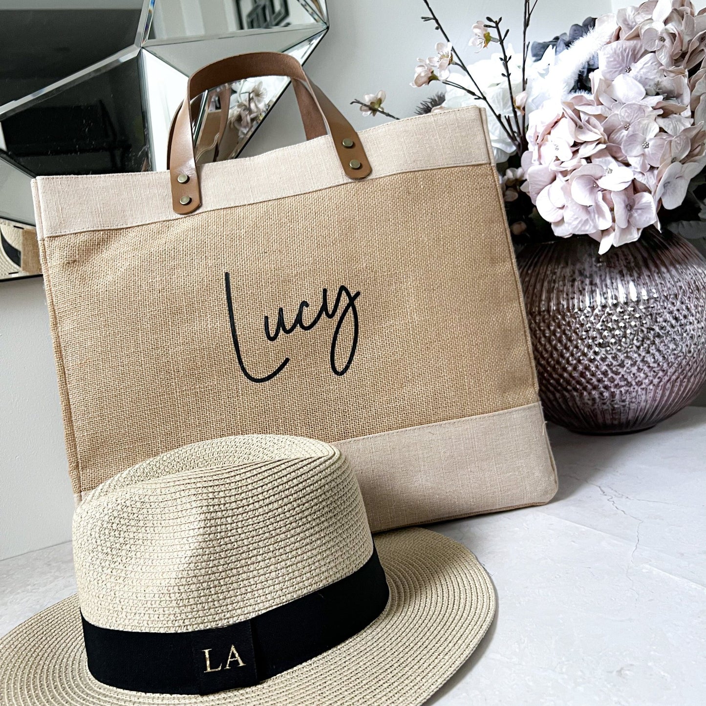 Personalised Large Jute Bag Leather Handle Shopper Beach Bag - OLIVIA AND GRAY LTD
