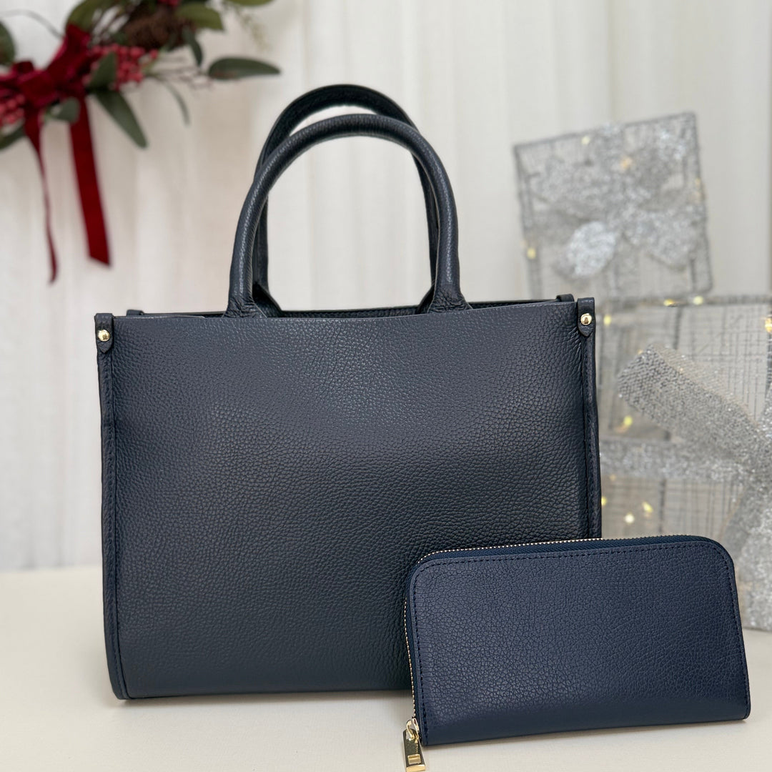 Sample Midi Leather Tote Bag Navy FREE PURSE