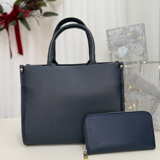 BLACK LABEL - Midi Leather Tote Bag Navy