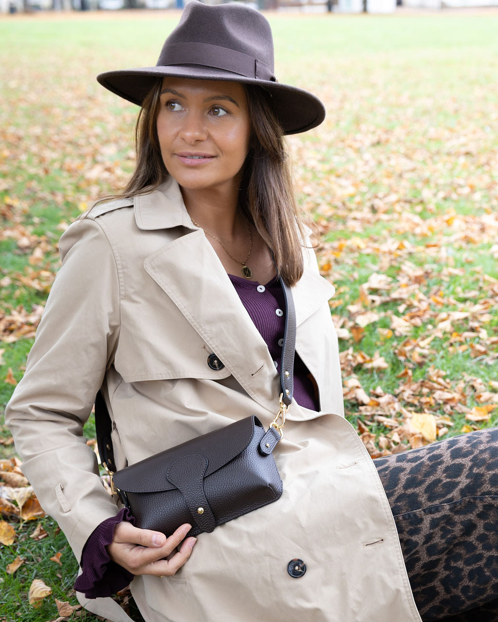 wearing crossbody bag dark brown 