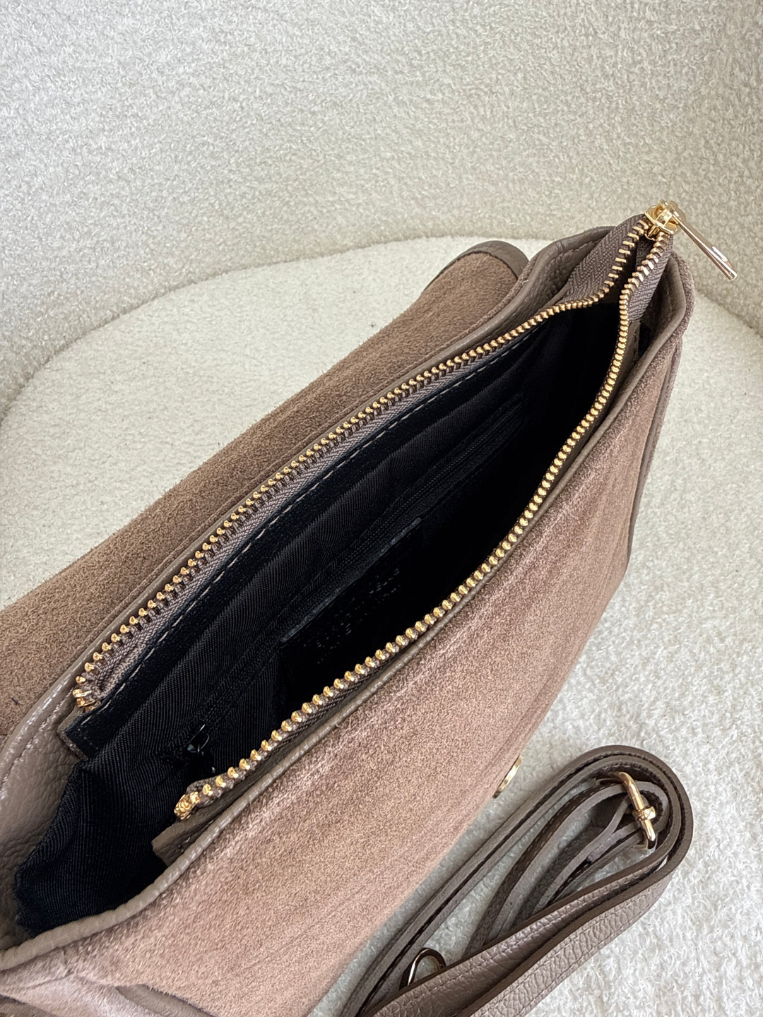 Taupe suede and leather crossbody bag
