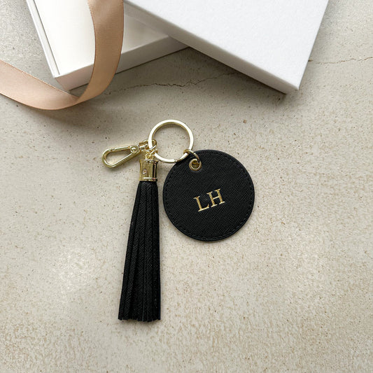 Leather Personalised Round Tassel Charm Keychain