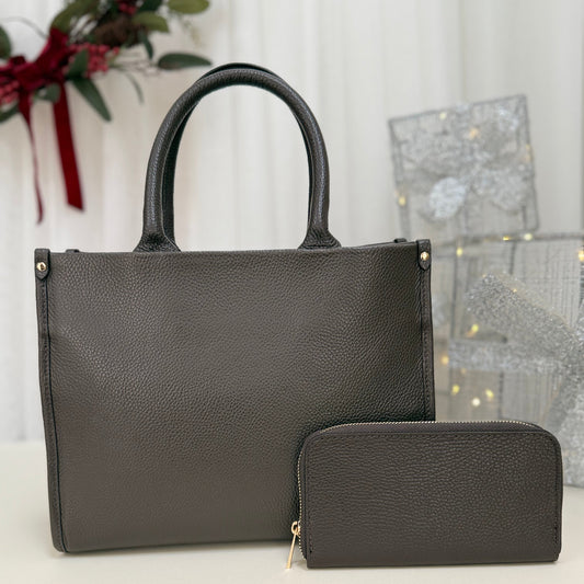 BLACK LABEL - Midi Leather Tote Bag Dark Brown