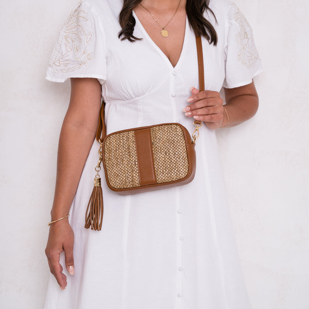 personalised raffia leather crossbody bag