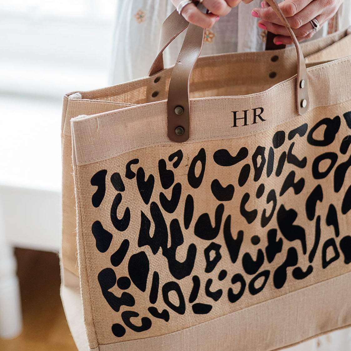 Personalised Leopard Print Large Jute Bag Leather Handle Shopper Beach Bag
