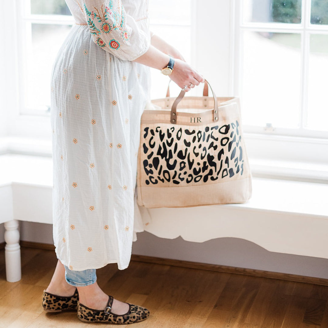 Personalised Leopard Print Large Jute Bag Leather Handle Shopper Beach Bag