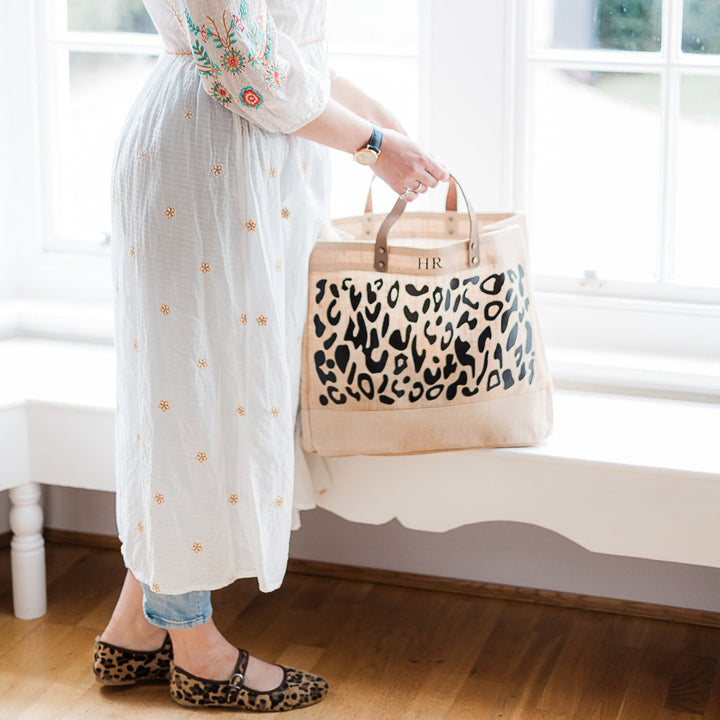 Personalised Leopard Print Large Jute Bag Leather Handle Shopper Beach Bag