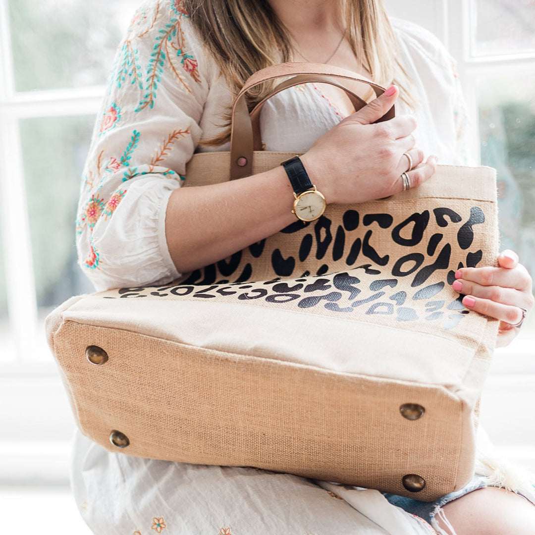 Personalised Leopard Print Large Jute Bag Leather Handle Shopper Beach Bag