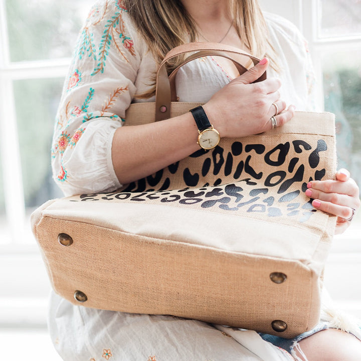 Personalised Leopard Print Large Jute Bag Leather Handle Shopper Beach Bag