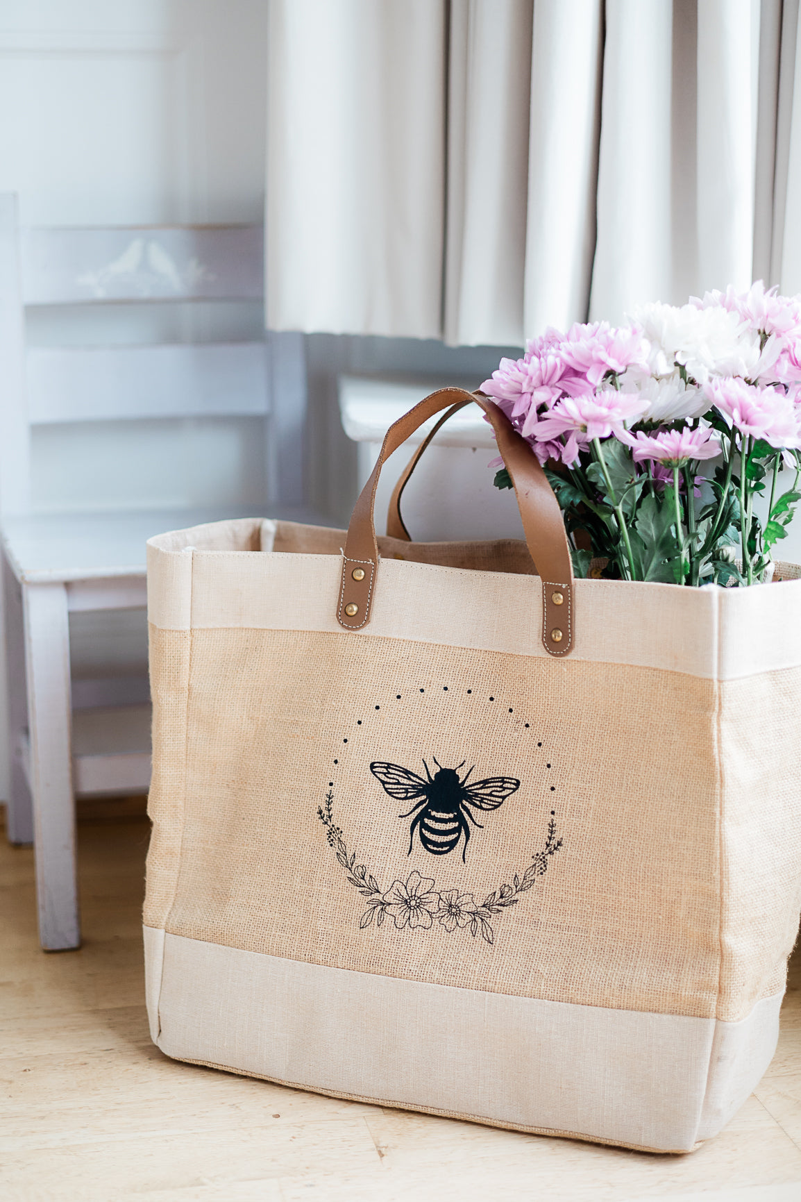Bee design Large Jute Bag Leather Handle Shopper Beach Bag