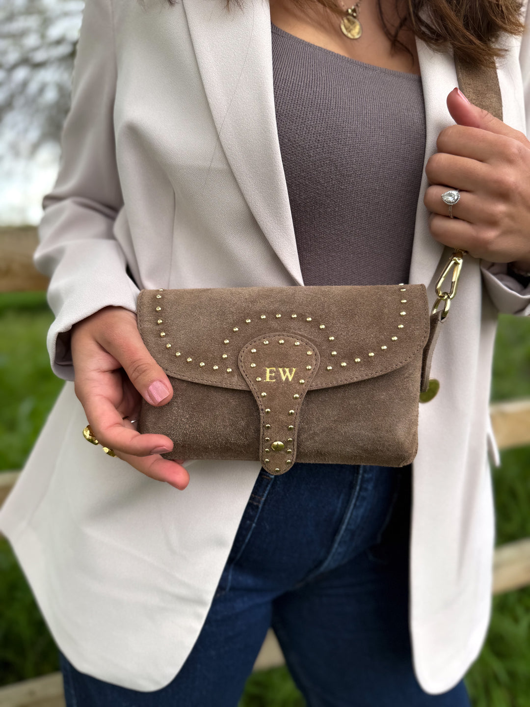 Initials embossed on personalised Arabella suede crossbody bag Latte 