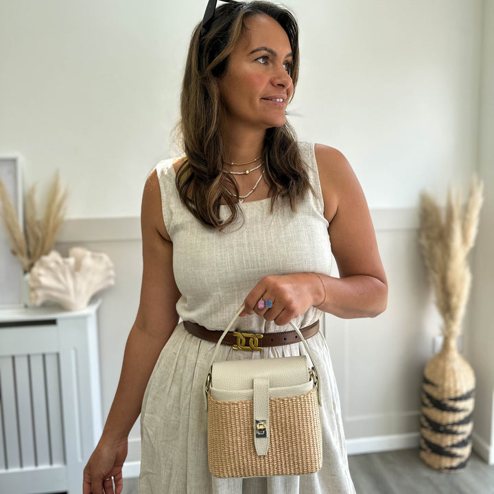 leather and raffia top handle bag
