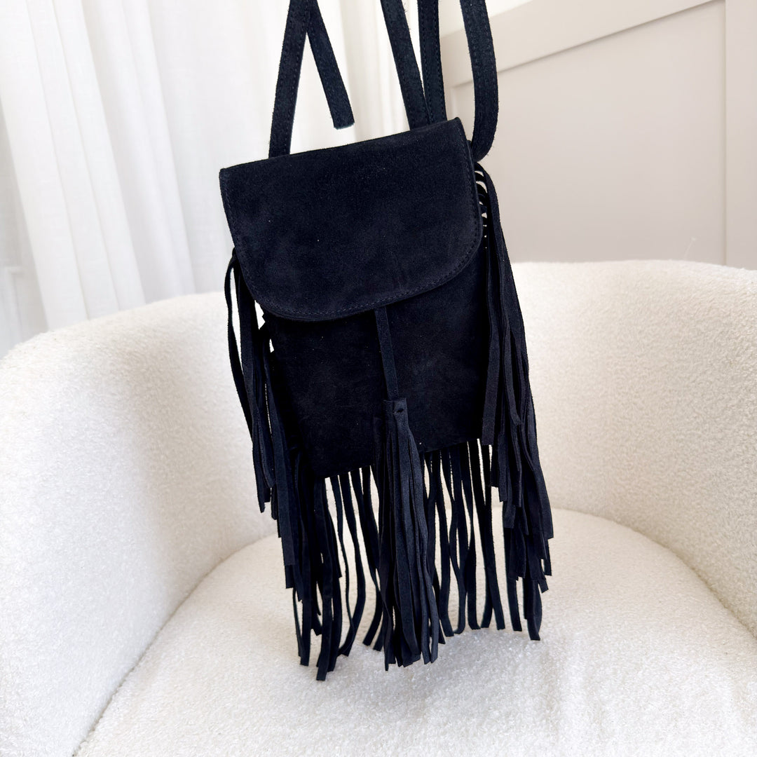 SAMPLE Black suede tassel fringe bag