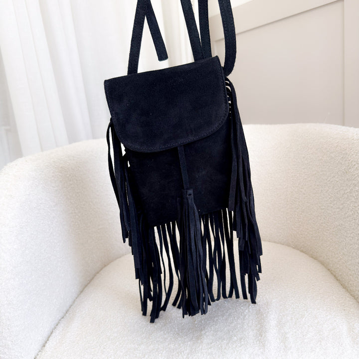 SAMPLE Black suede tassel fringe bag