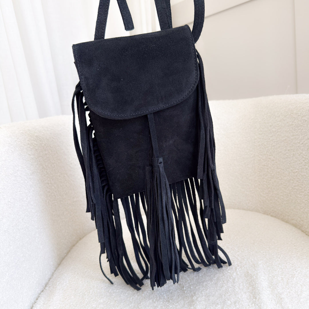 SAMPLE Black suede tassel fringe bag