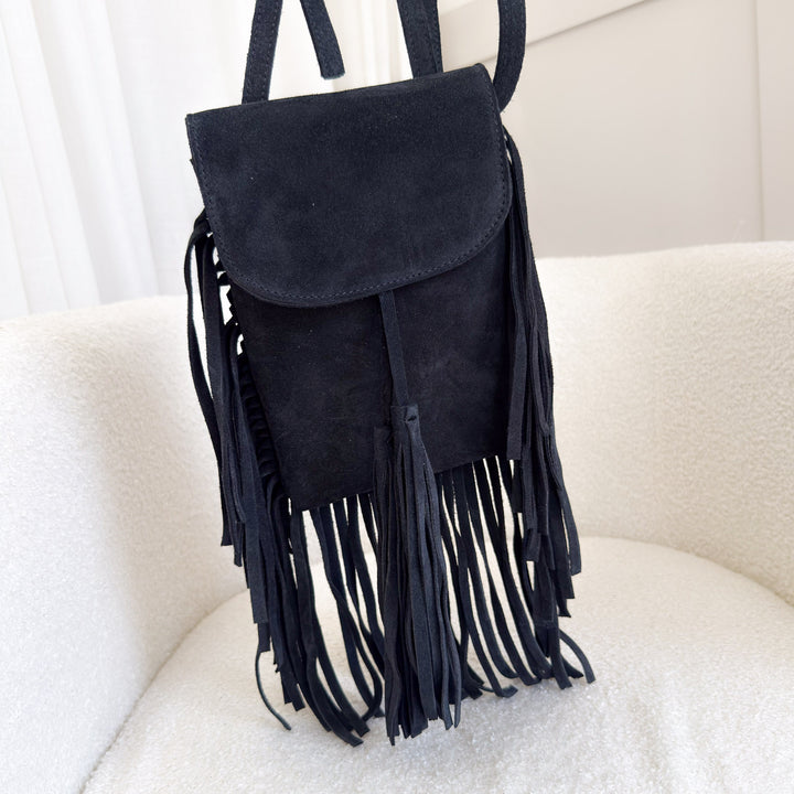 SAMPLE Black suede tassel fringe bag