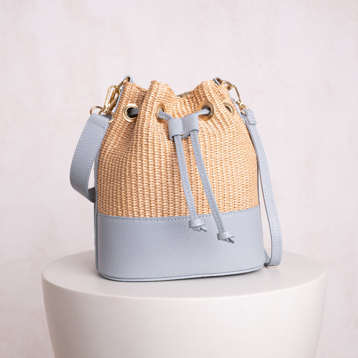 Amara Personalised Leather Raffia Bucket Bag