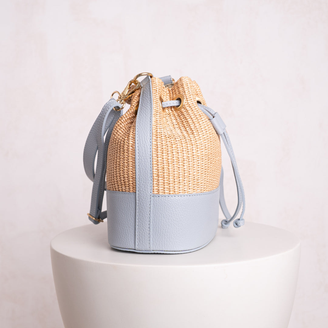 Amara Personalised Leather Raffia Bucket Bag