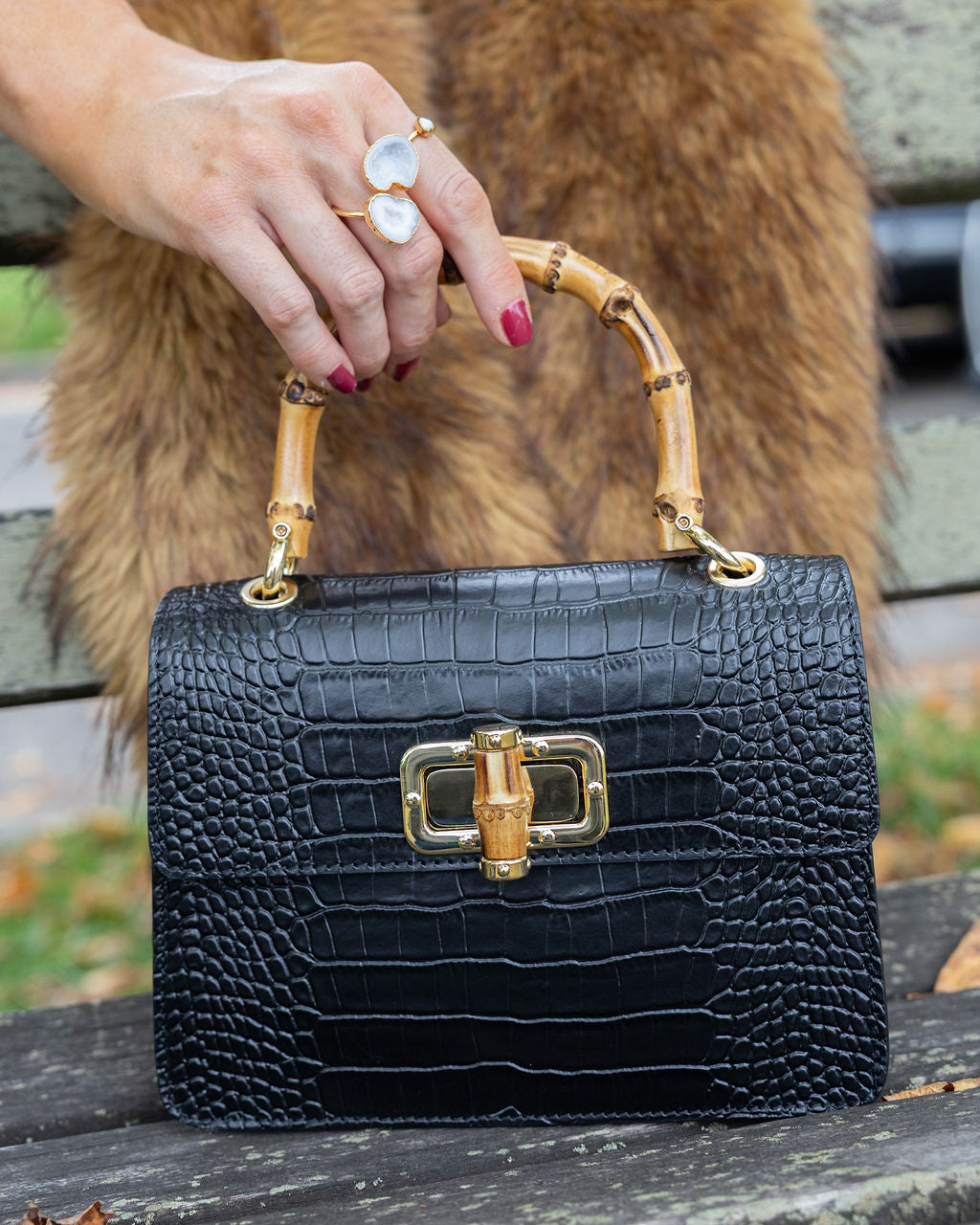 Anouska Croc Leather Bamboo Top Handle Crossbody Bag