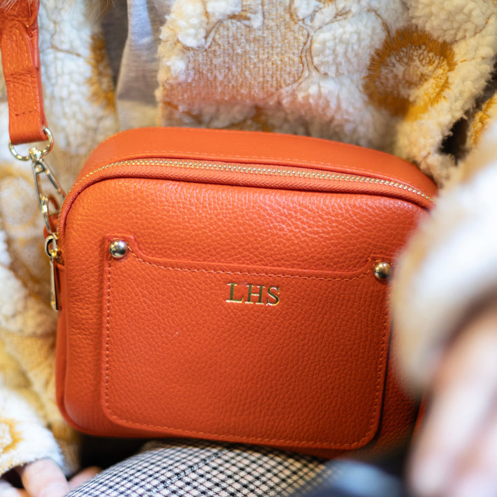 close up of personalisation in gold embossed leateher bag