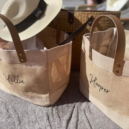 Personalised Small Jute Bag Leather Handle Shopper Beach Bag