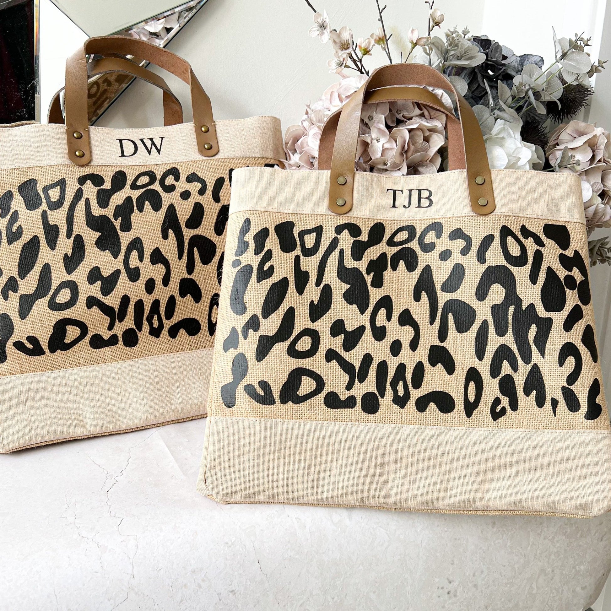 Personalised Leopard Print Large Jute Bag Leather Handle Shopper Beach